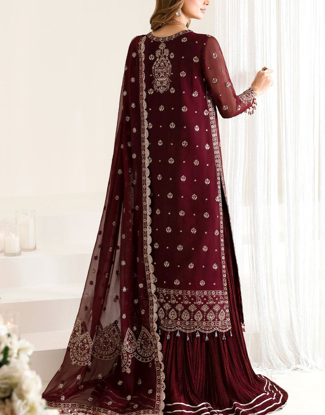 Heavy Embroidered Maroon Chiffon Dress with Silk Crushed Sharara