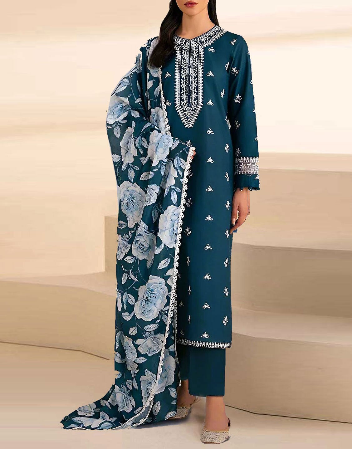 Heavy Embroidered Lawn Dress with Diamond Zari Dupatta
