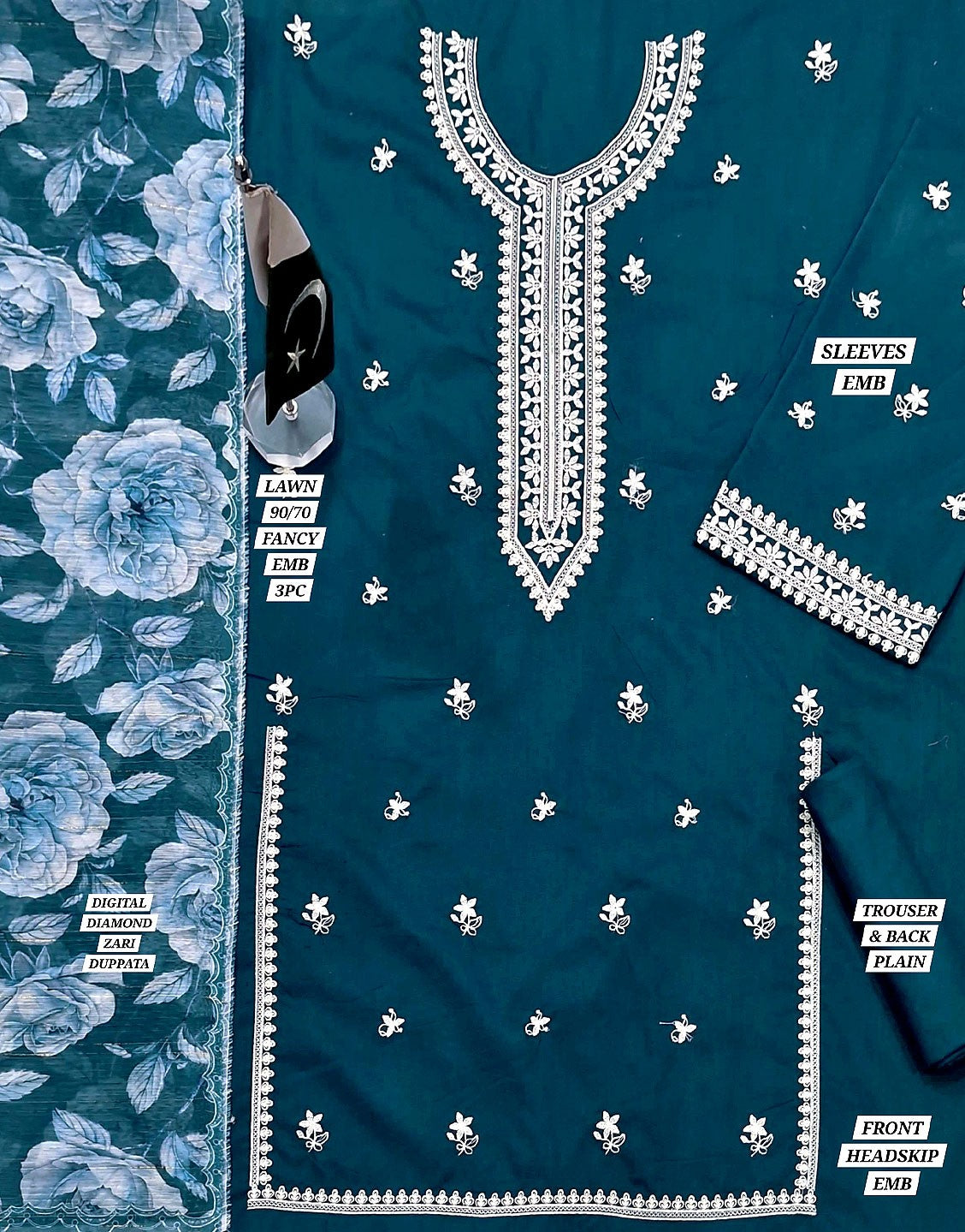 Heavy Embroidered Lawn Dress with Diamond Zari Dupatta