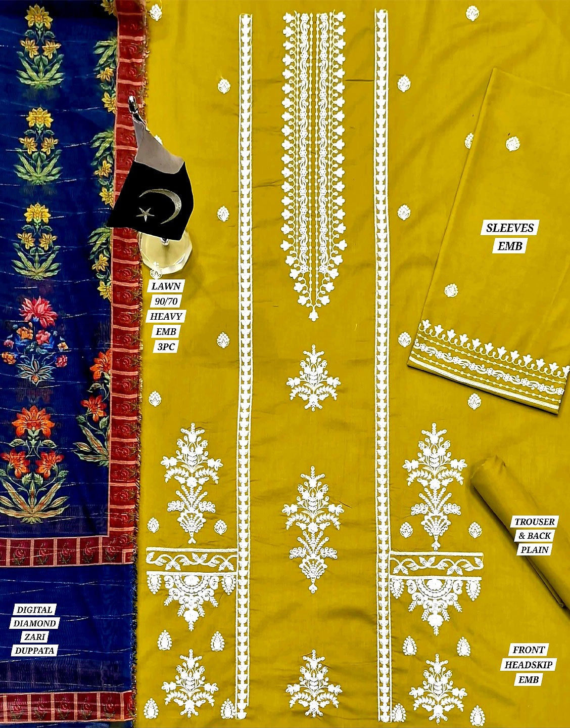 Heavy Embroidered Lawn Suit with Diamond Zari Dupatta
