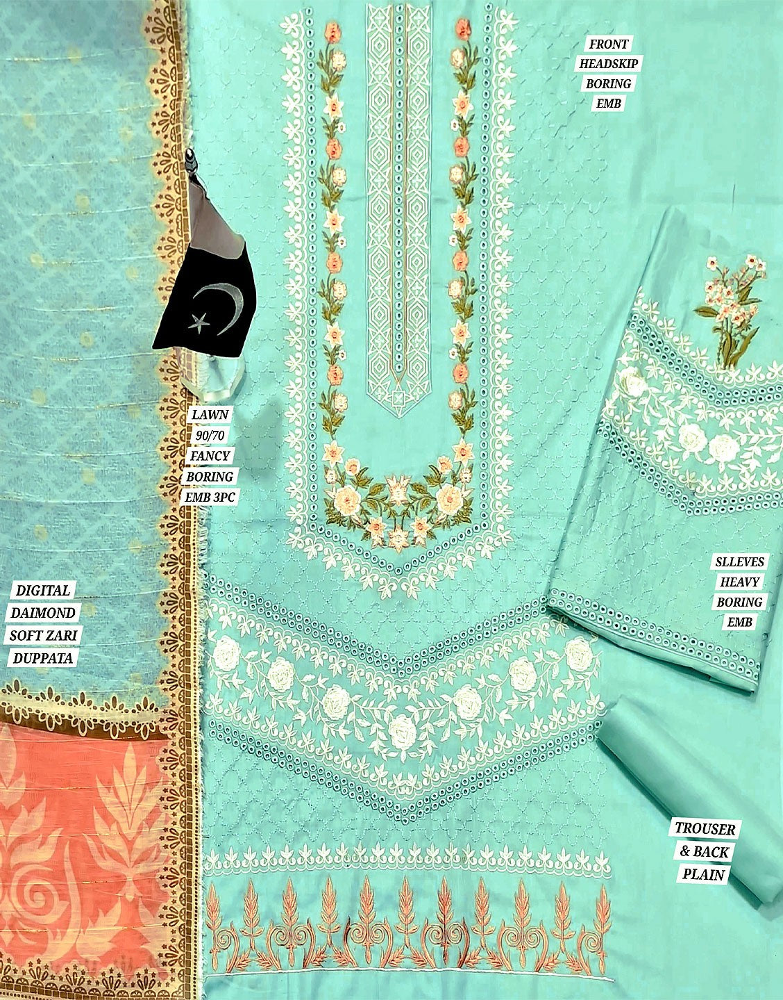 Heavy Schiffli Embroidered Lawn Dress with Diamond Zari Dupatta