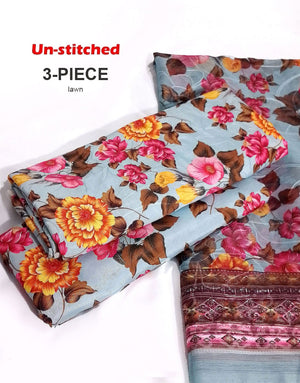 All-Over Print Scroll Embroidered Swiss Lawn Dress with Chiffon Dupatta