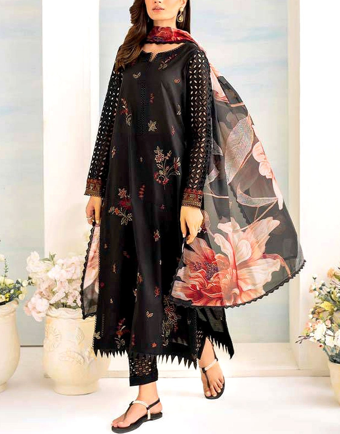 Heavy Embroidered Black Lawn Dress with Silk Dupatta