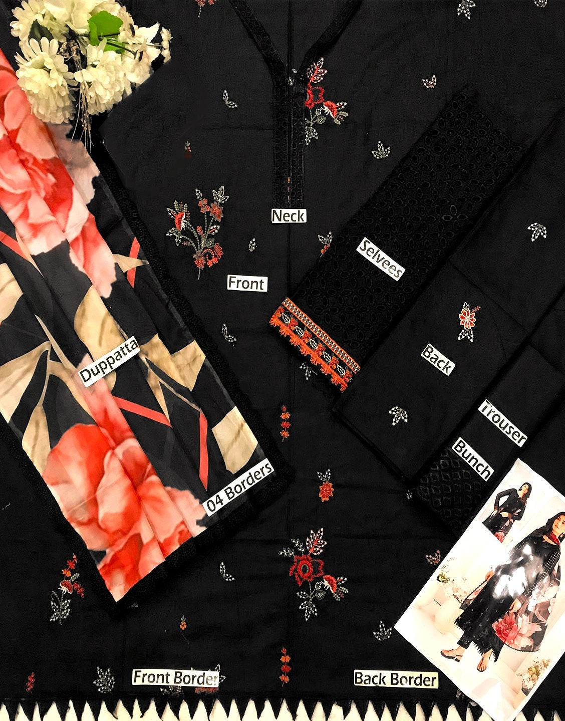 Heavy Embroidered Black Lawn Dress with Silk Dupatta