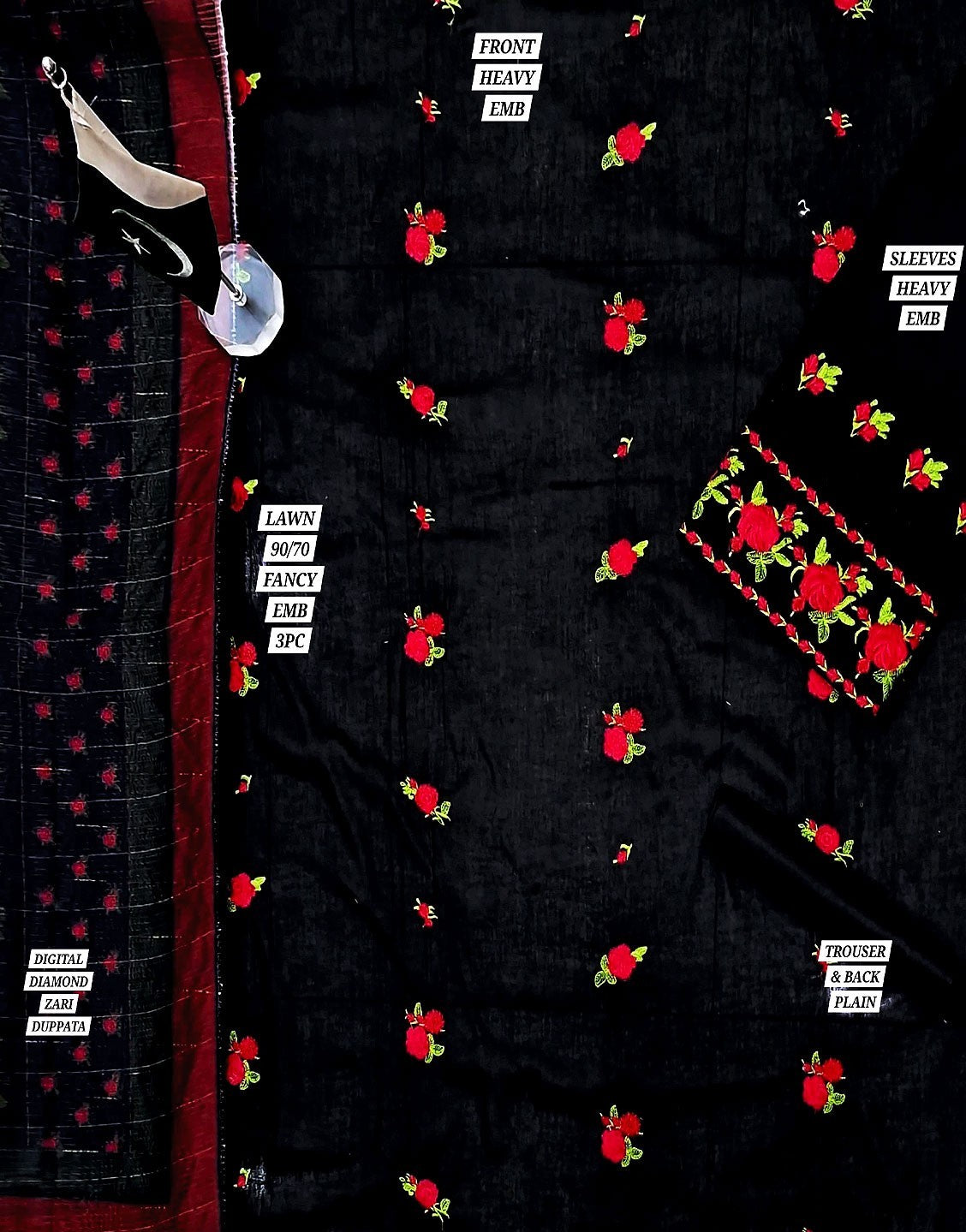 Elegant Embroidered Lawn Dress with Digital Print Diamond Zari Dupatta