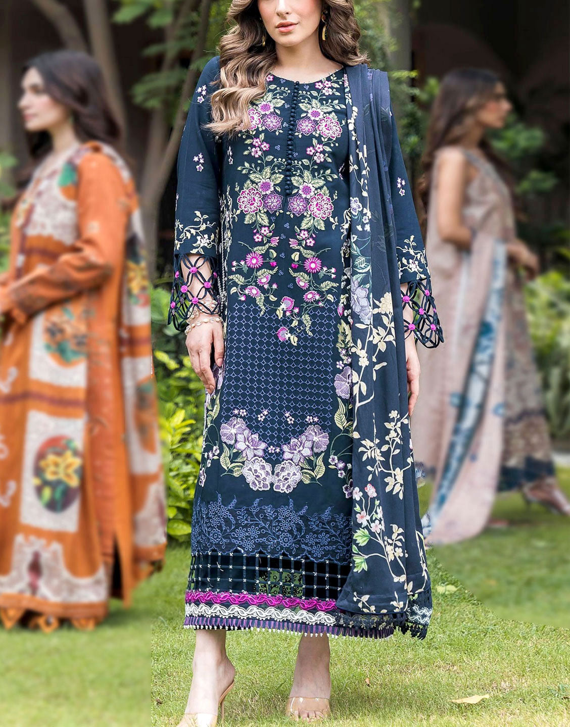 Luxury Heavy Embroidered EID Lawn Suit with Digital Silk Dupatta