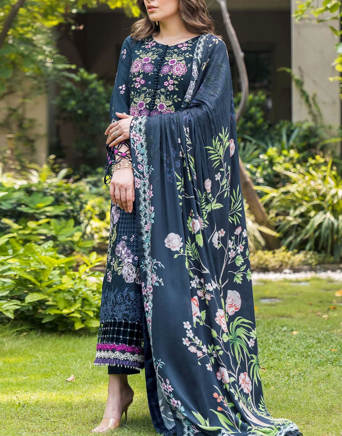 Luxury Heavy Embroidered EID Lawn Suit with Digital Silk Dupatta