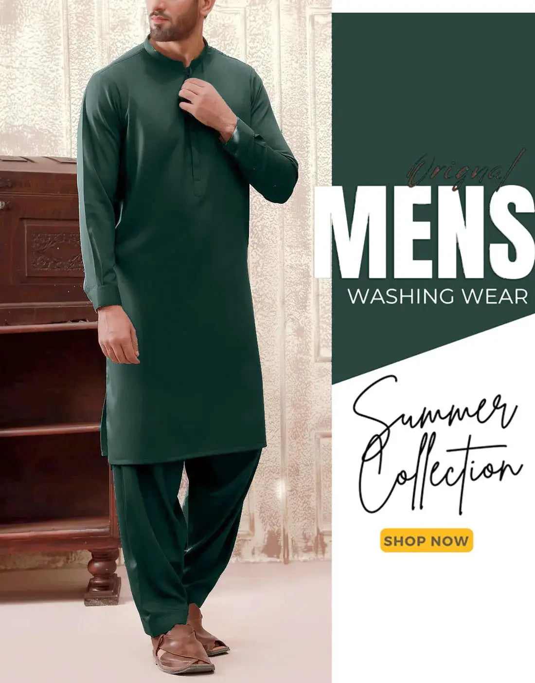 Italian Boski Bottle Green Wash & Wear Men’s Shalwar Kameez – Unstitched Formal & Eid Suit