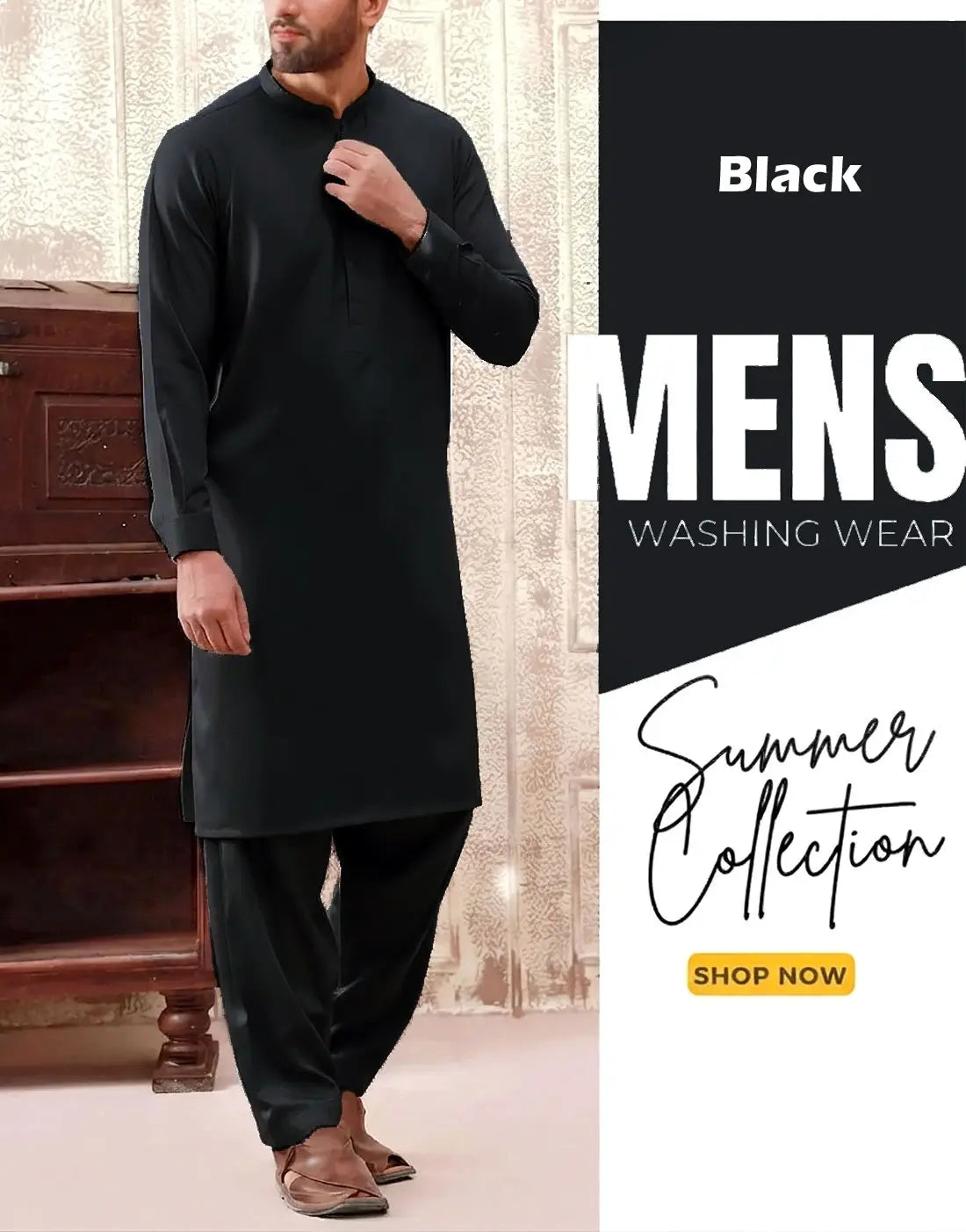 Italian Boski Black Wash & Wear Men’s Shalwar Kameez – Unstitched Formal & Eid Suit