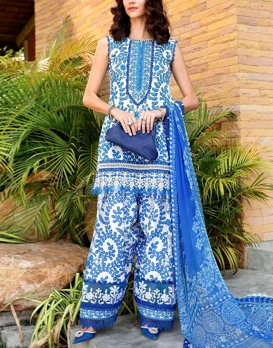 All-Over Print Embroidered Lawn Suit with Chiffon Dupatta