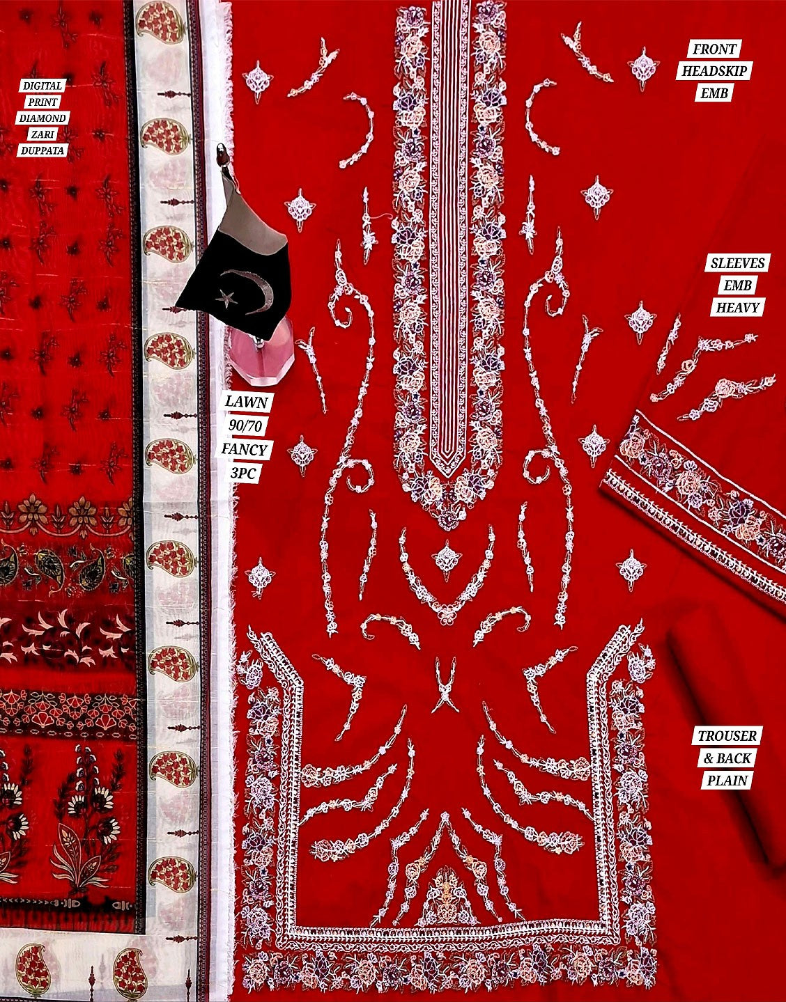 Heavy Embroidered Lawn Dress with Diamond Zari Dupatta