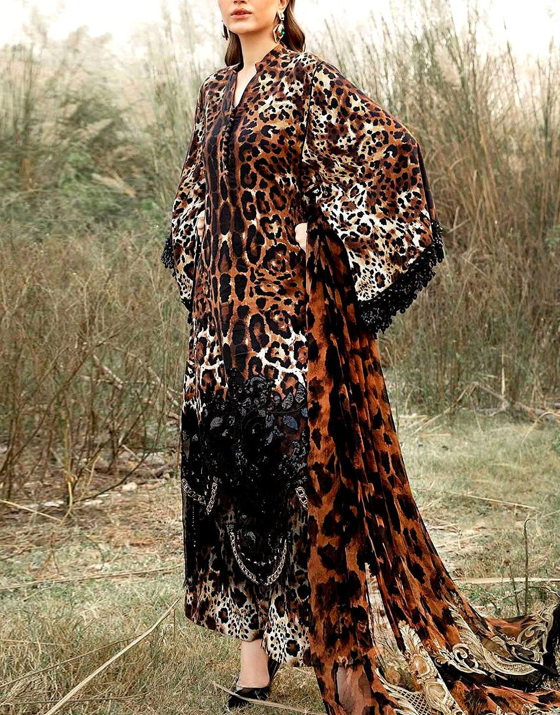 All-Over Leopard Print Embroidered Lawn Dress  with Chiffon Dupatta