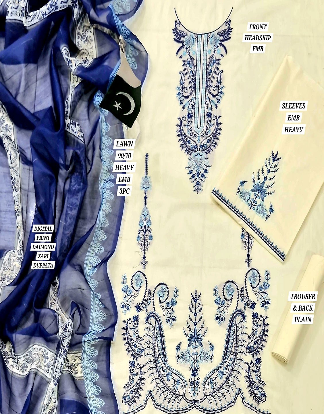 Heavy Embroidered Lawn Suit with Diamond Zari Dupatta