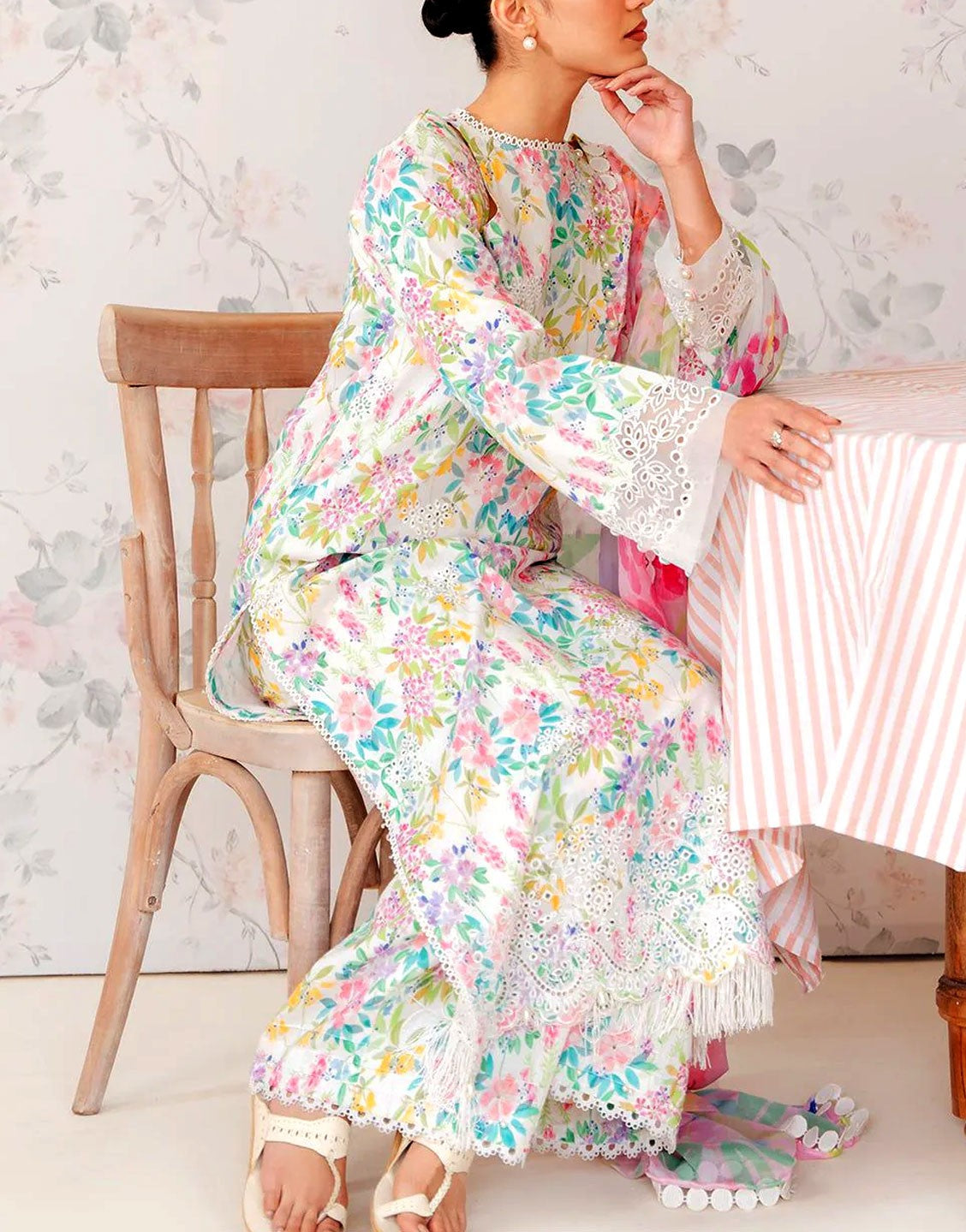 All-Over Print Schiffli Embroidered Lawn Dress with Chiffon Dupatta