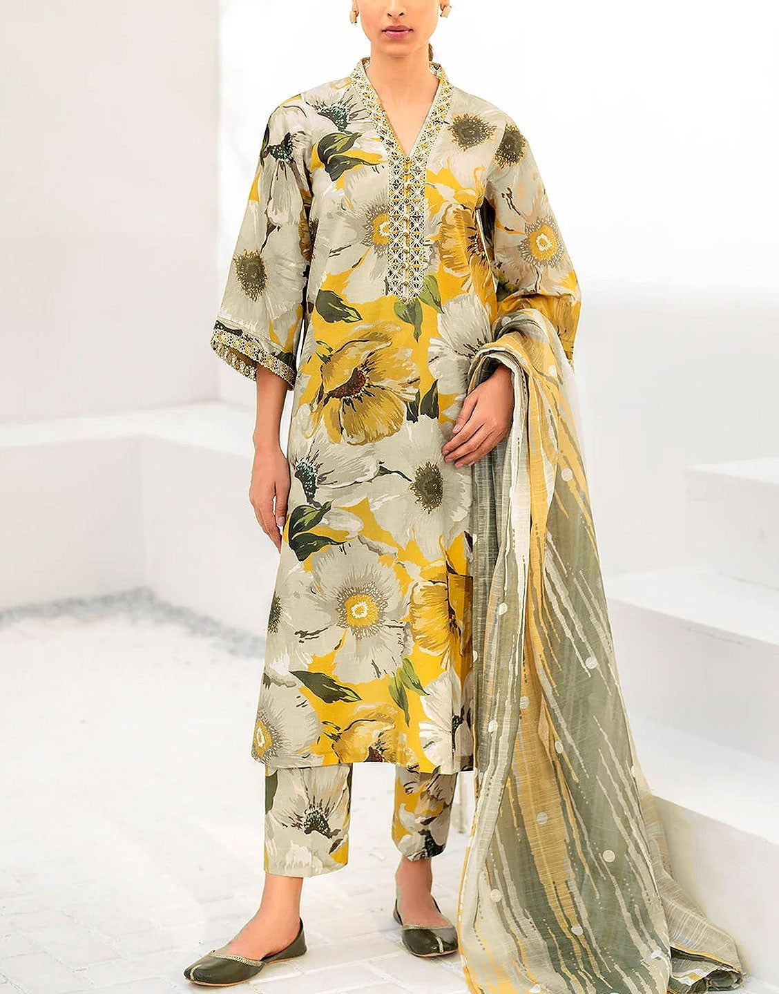 All-Over Print Embroidered EID Lawn Dress with Chiffon Dupatta