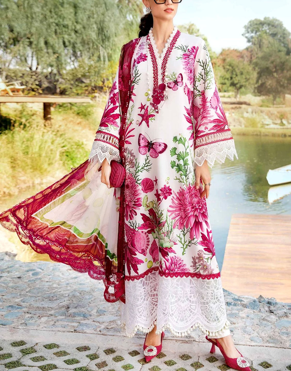 All-Over Print Embroidered EID Lawn Suit with Chiffon Dupatta
