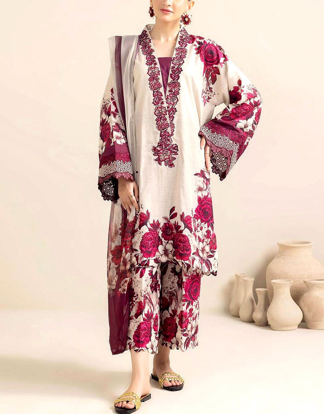 All-Over Print Embroidered EID Lawn Dress  with Silk Dupatta