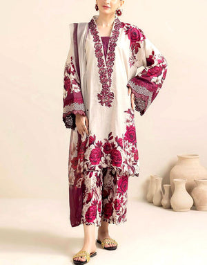 All-Over Print Embroidered EID Lawn Dress  with Silk Dupatta