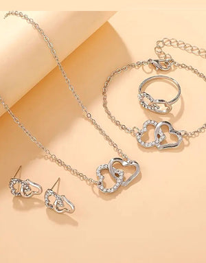4-Piece Heart Shape Silver Jewelry Set for Girls with Bracelet, Earrings, Necklace and Ring