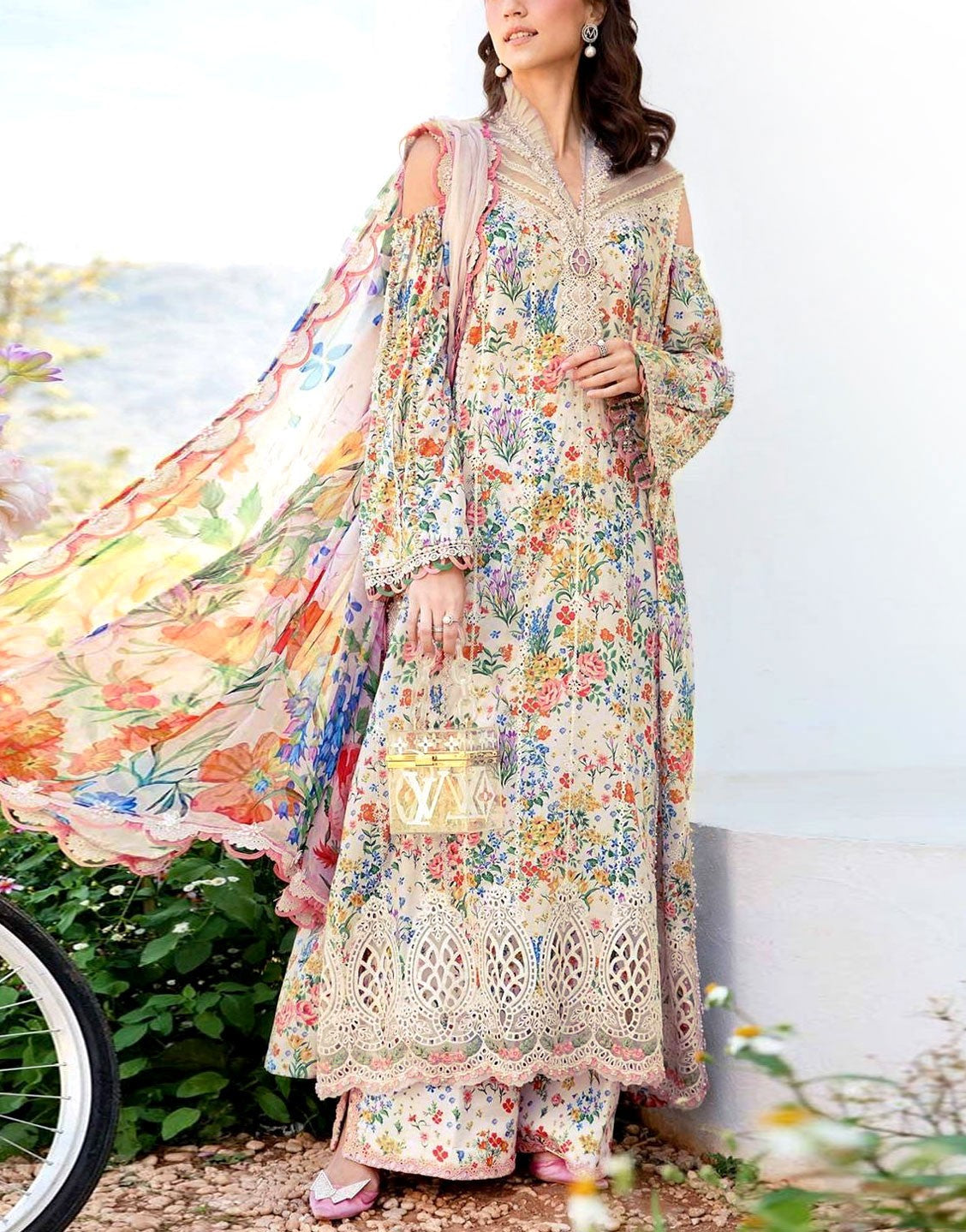 All-Over Print Embroidered Lawn Dress  with Chiffon Dupatta
