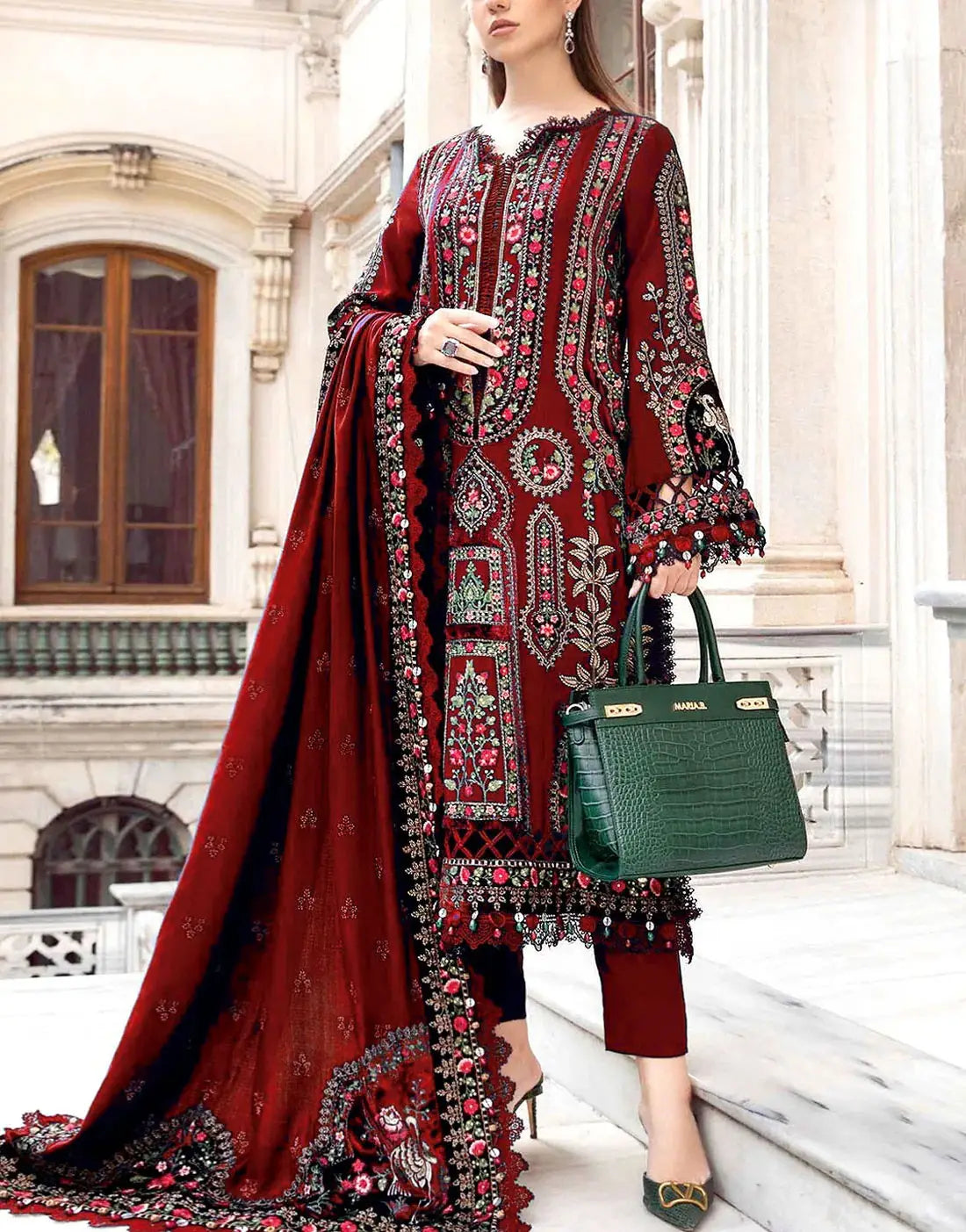 Cultural Inspired Maroon Embroidered Cotton Lawn Dress with Embroidery Chiffon Dupatta