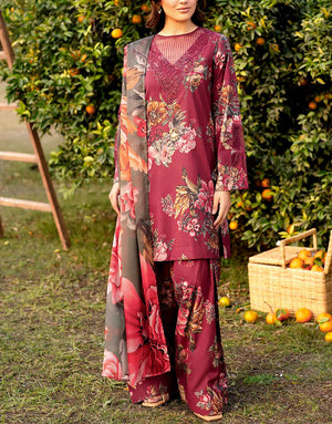 All-Over Print Embroidered Lawn Dress  with Chiffon Dupatta