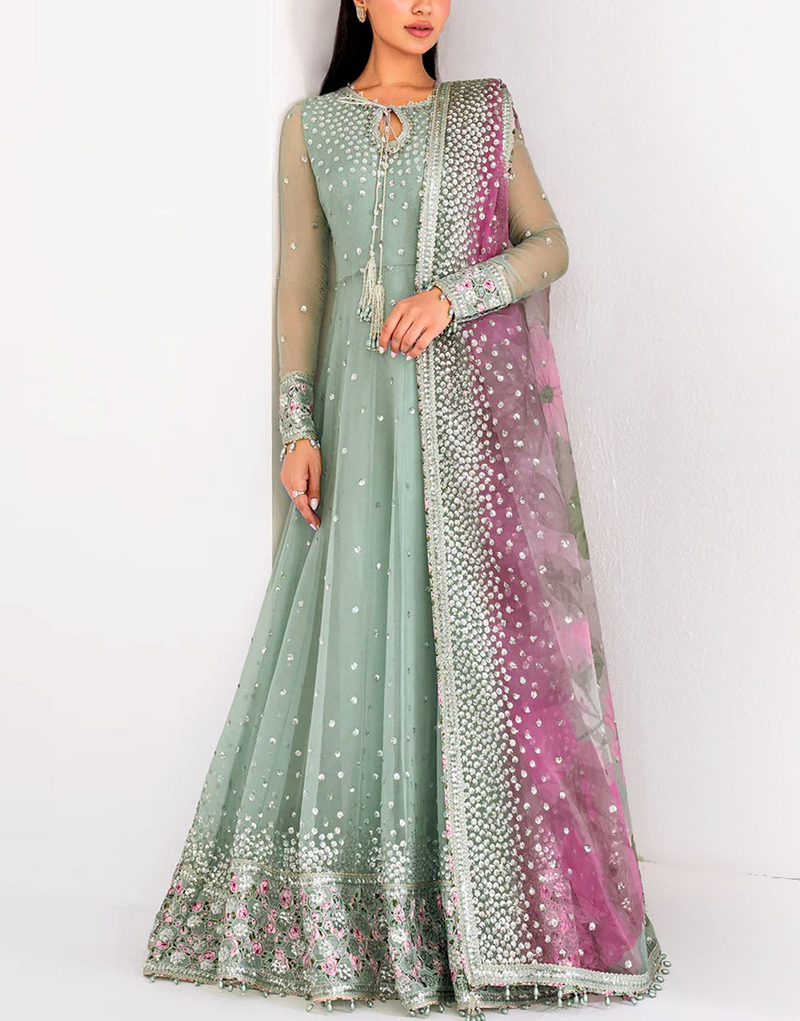 Fancy Heavy Embroidered Chiffon Maxi Dress with Emb. NET Dupatta