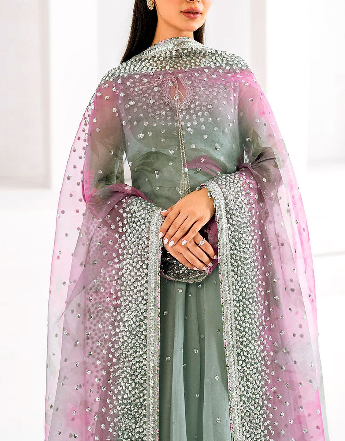 Fancy Heavy Embroidered Chiffon Maxi Dress with Emb. NET Dupatta