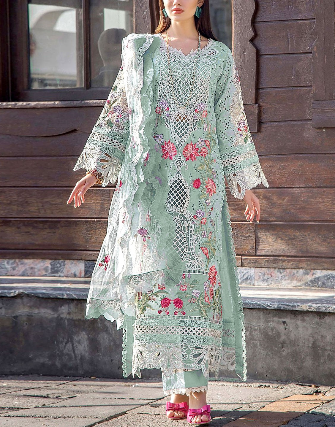 Luxury Heavy Schiffli Embroidered Cotton Lawn Dress with NET