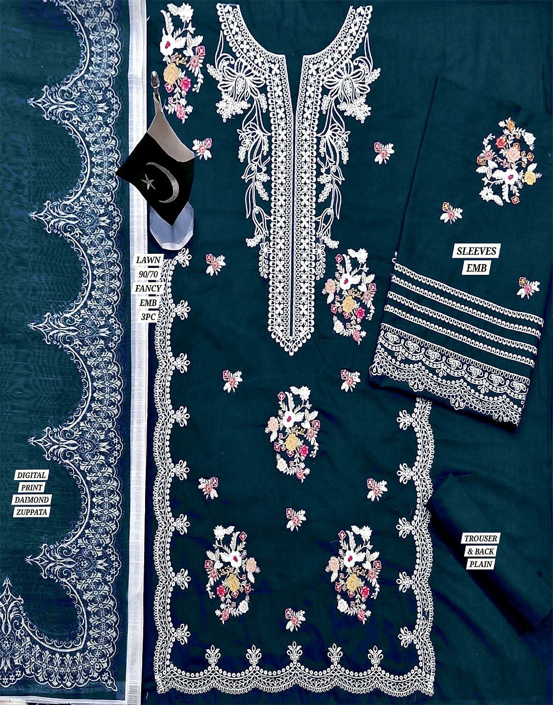 Elegant Embroidered Lawn Dress with Digital Print Diamond Dupatta
