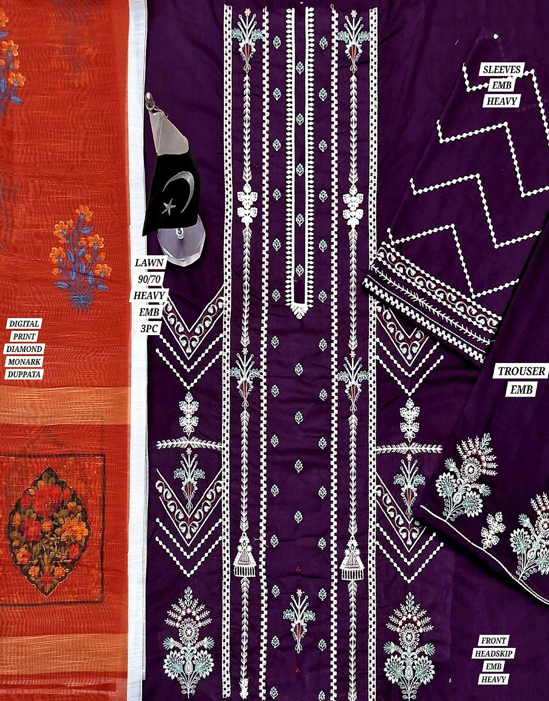 Elegant Embroidered Lawn Suit with Digital Print Diamond Dupatta