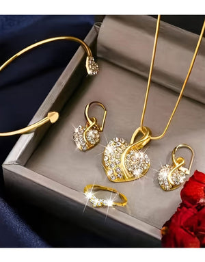 4-Piece Heart Shape Golden Jewelry Set for Girls with Bracelet, Earrings, Necklace and Ring