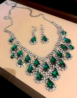 Elegant Green Rhinestone Teardrop Silver Necklace & Earrings Set