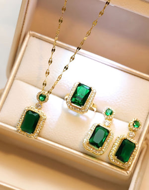 3-Piece Green Rhinestone Necklace Set with Ring & Earrings - Ideal for Daily Wear & Gifting