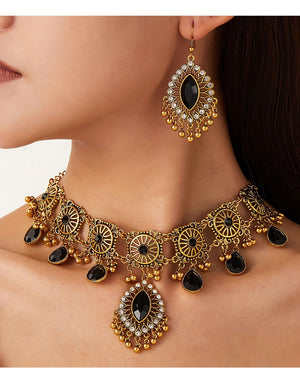 Indian-Inspired Vintage Women's Golden Necklace Set with Earrings