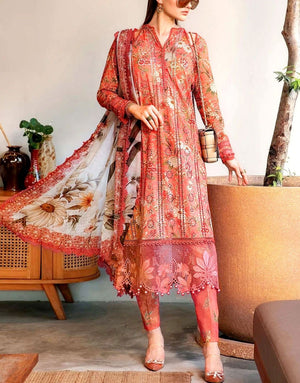 All-Over Print Schiffli Embroidered Lawn Dress with Chiffon Dupatta