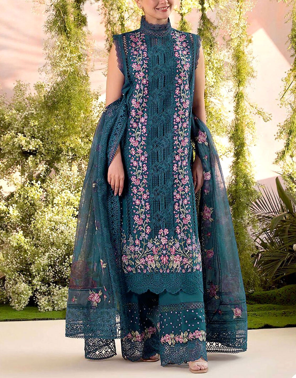 Luxury Heavy Schiffli Embroidered Lawn Party Dress with Khaddi NET Dupatta