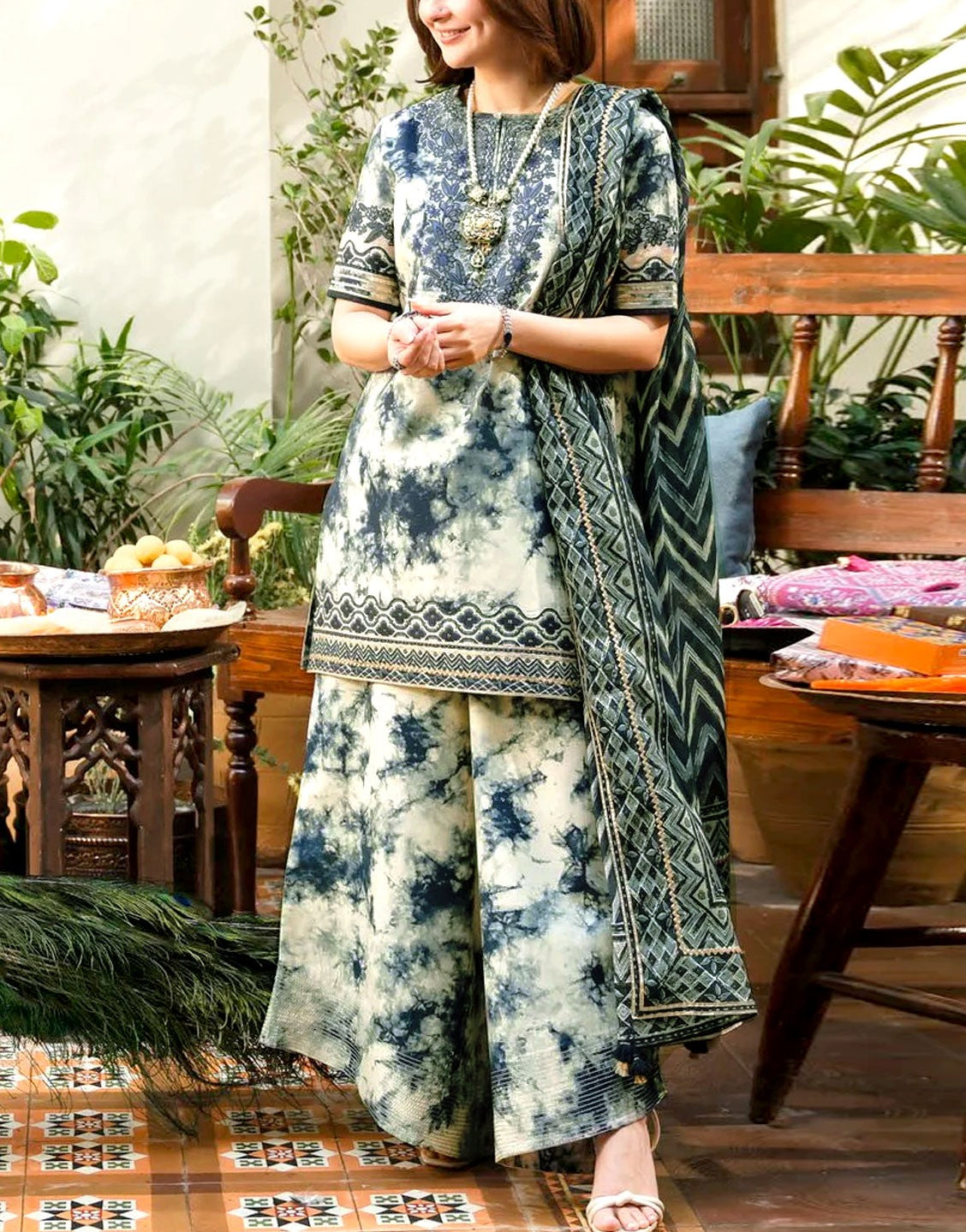 All-Over Digital Print Embroidered Lawn Dress with Silk Dupatta