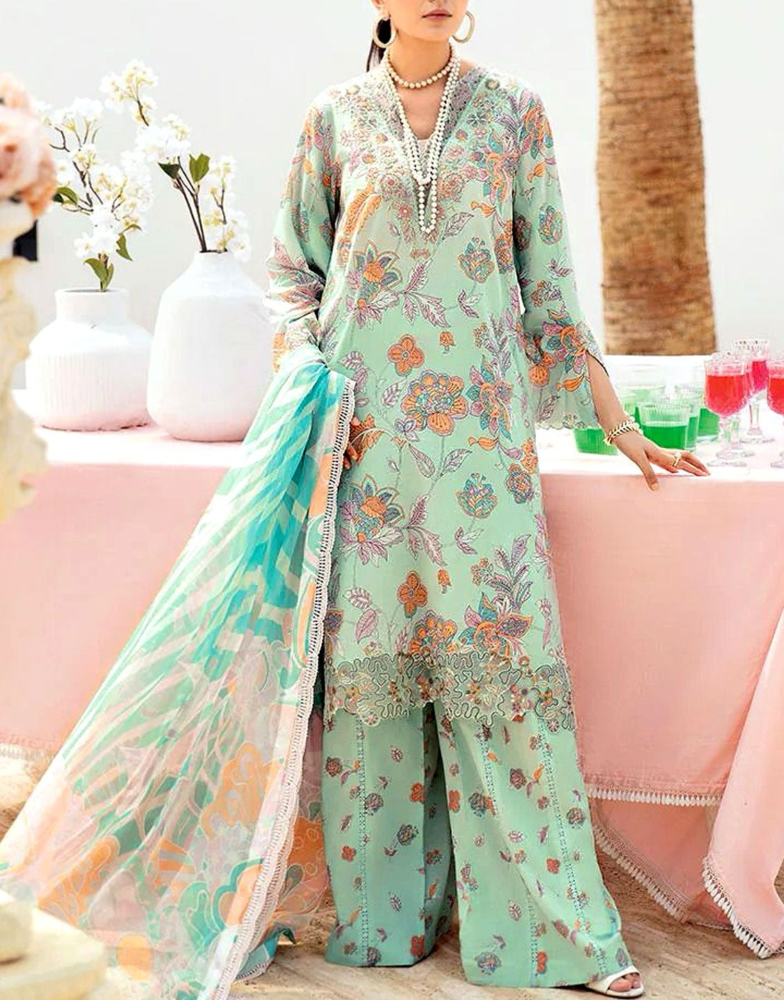 All-Over Digital Print Embroidered Lawn Suit with Chiffon Dupatta