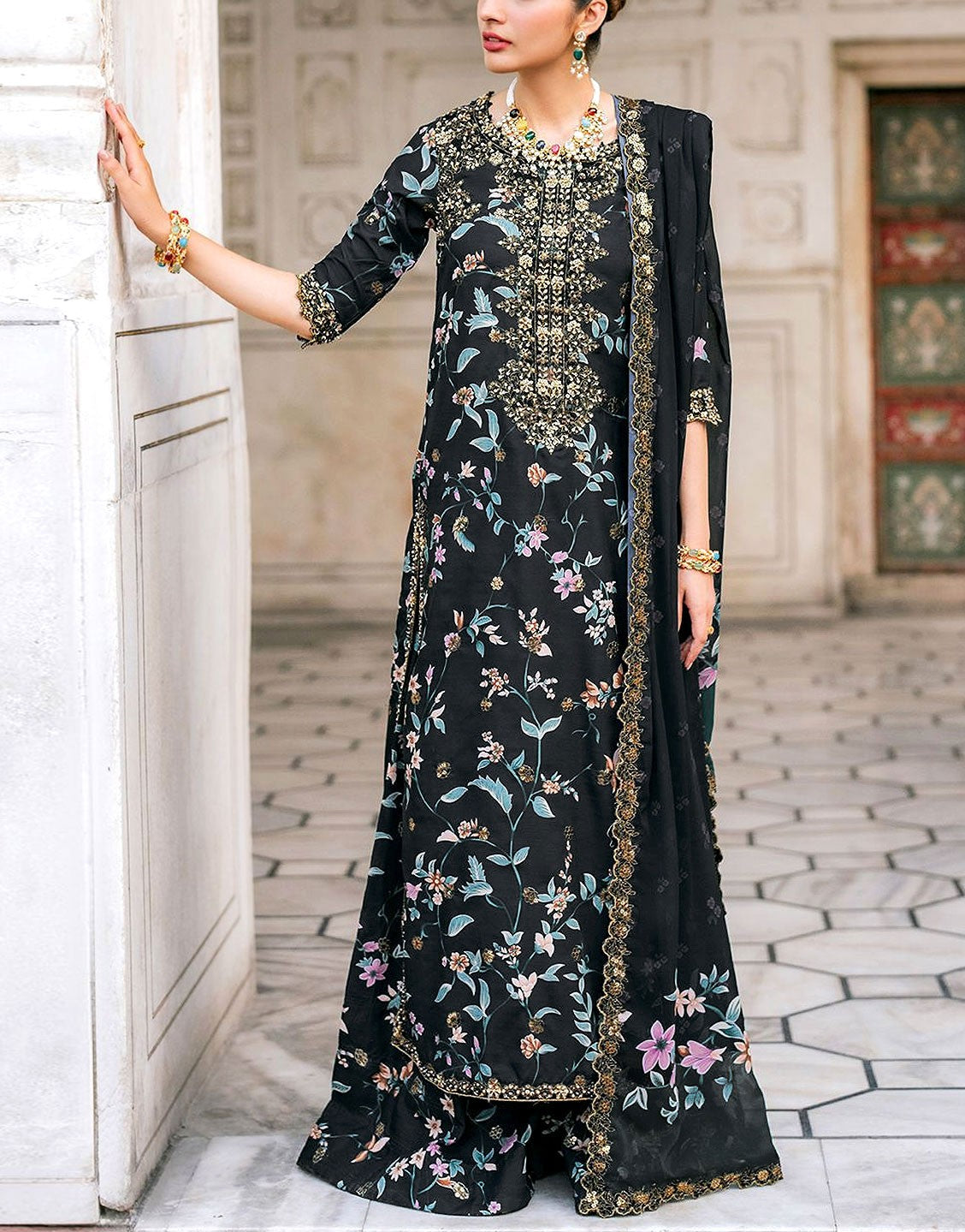 All-Over Print Embroidered Lawn Dress with Emb. Chiffon Dupatta