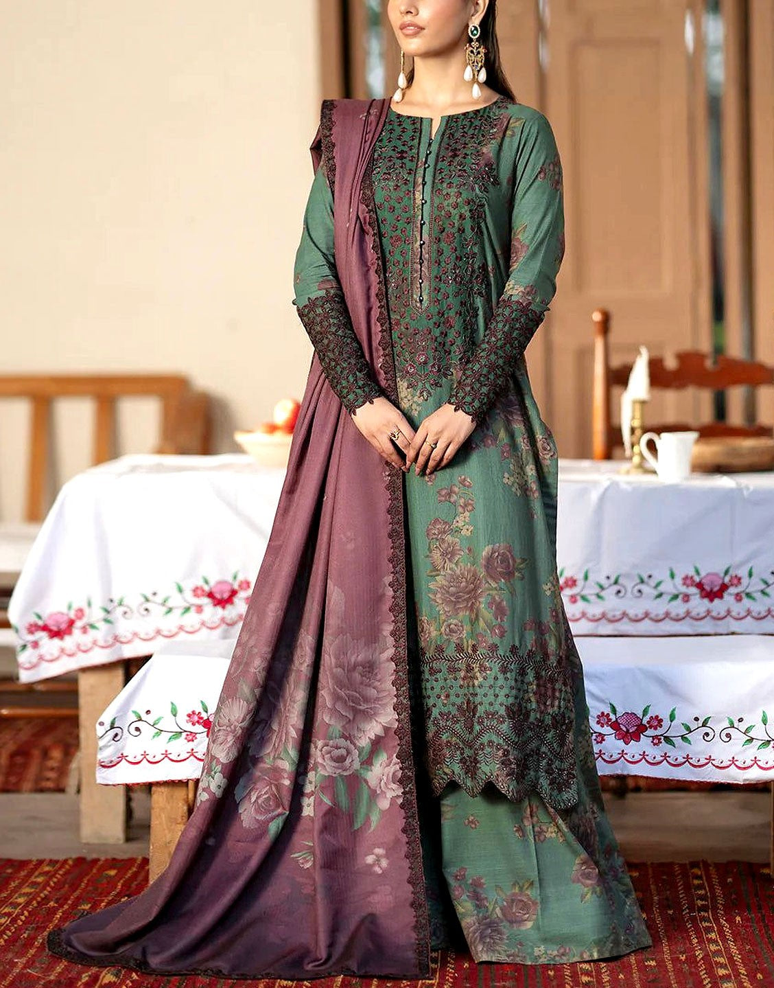 All-Over Print Embroidered Lawn Dress with Chiffon Dupatta