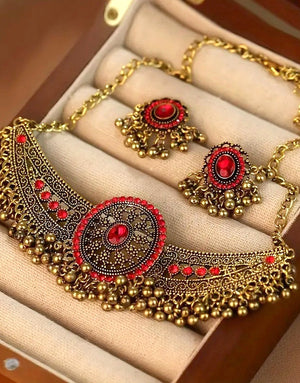 Bohemian Style Red Synthetic Gemstone Choker Jewellery Set with Earrings