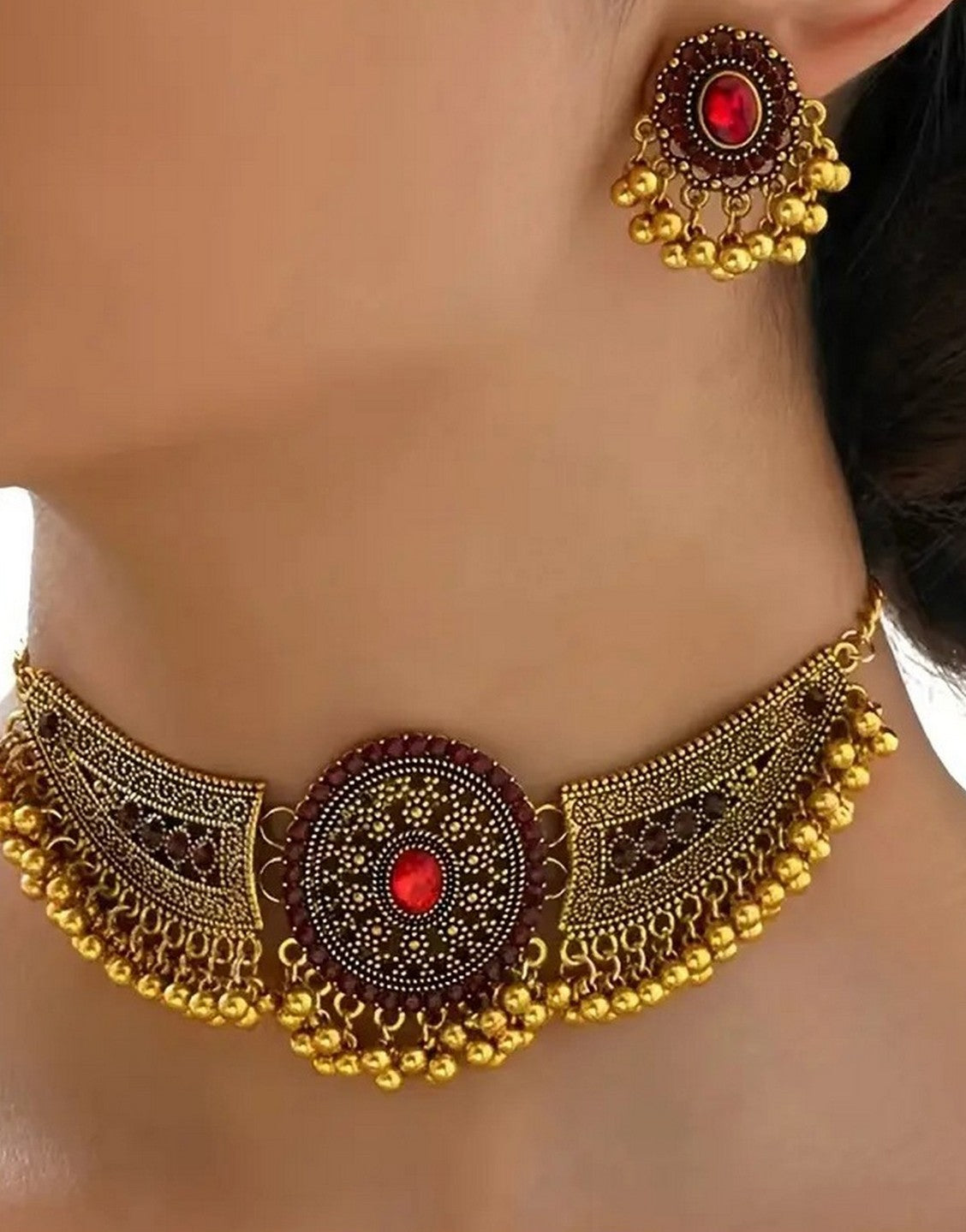 Bohemian Style Red Synthetic Gemstone Choker Jewellery Set with Earrings