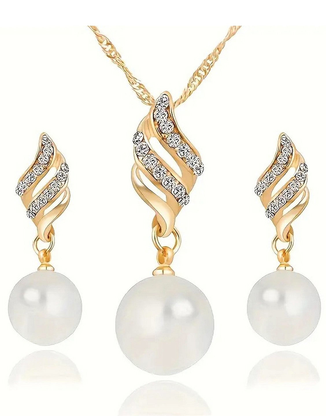 Elegant Spiral Pearl Golden Jewellery Set with Necklace and Earrings