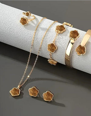 5-Piece Brown Five Leaf Clover Design Jewelry Set includes Bracelet, Earrings, Kara, Necklace & Ring