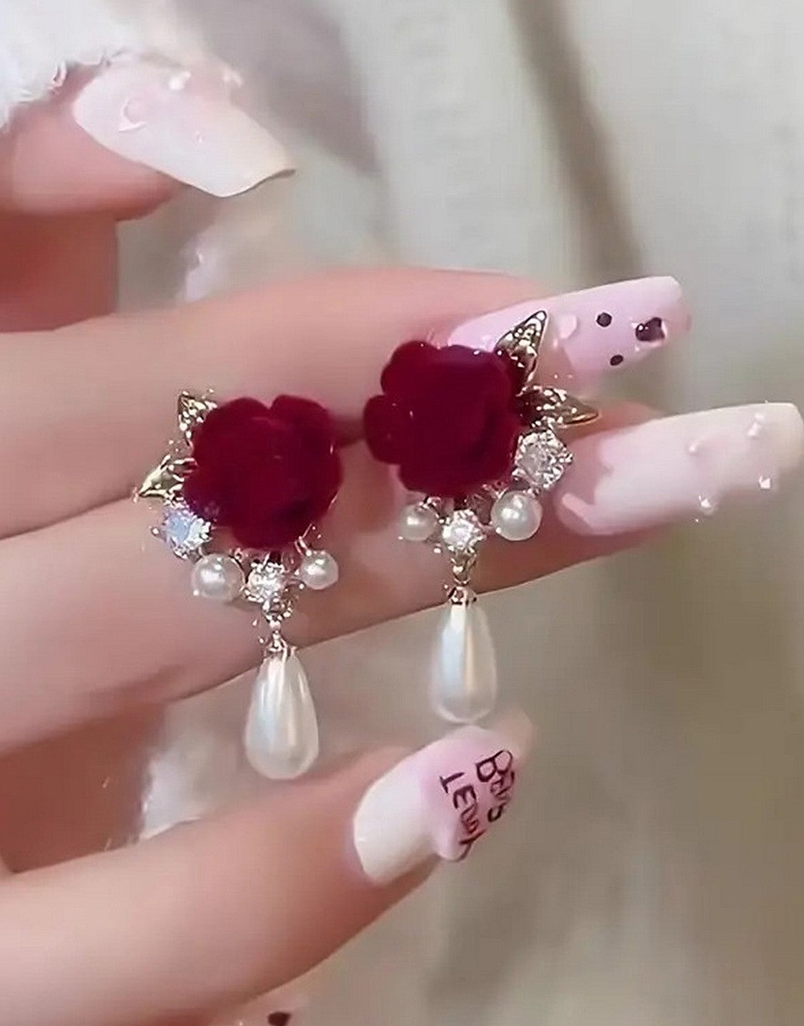 Rose Flower Inlaid Imitation Pearl Earrings for Girls