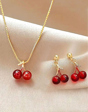 Adorable Cherry Design Necklace and Earrings Suitable for Casual Attire