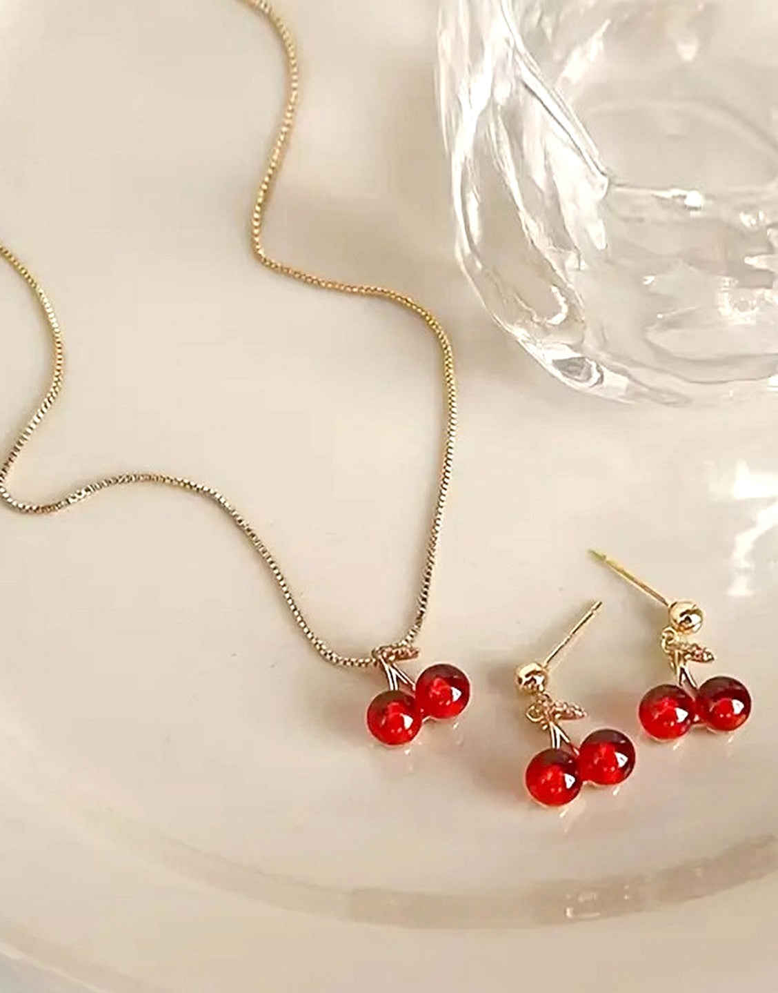 Adorable Cherry Design Necklace and Earrings Suitable for Casual Attire