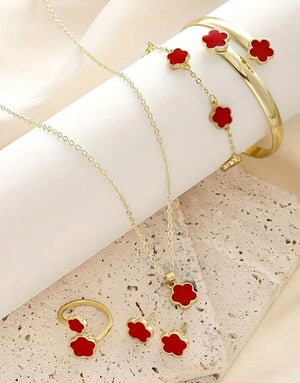 5-Piece Red Five Leaf Clover Design Jewelry Set includes Bracelet, Earrings, Kara, Necklace & Ring