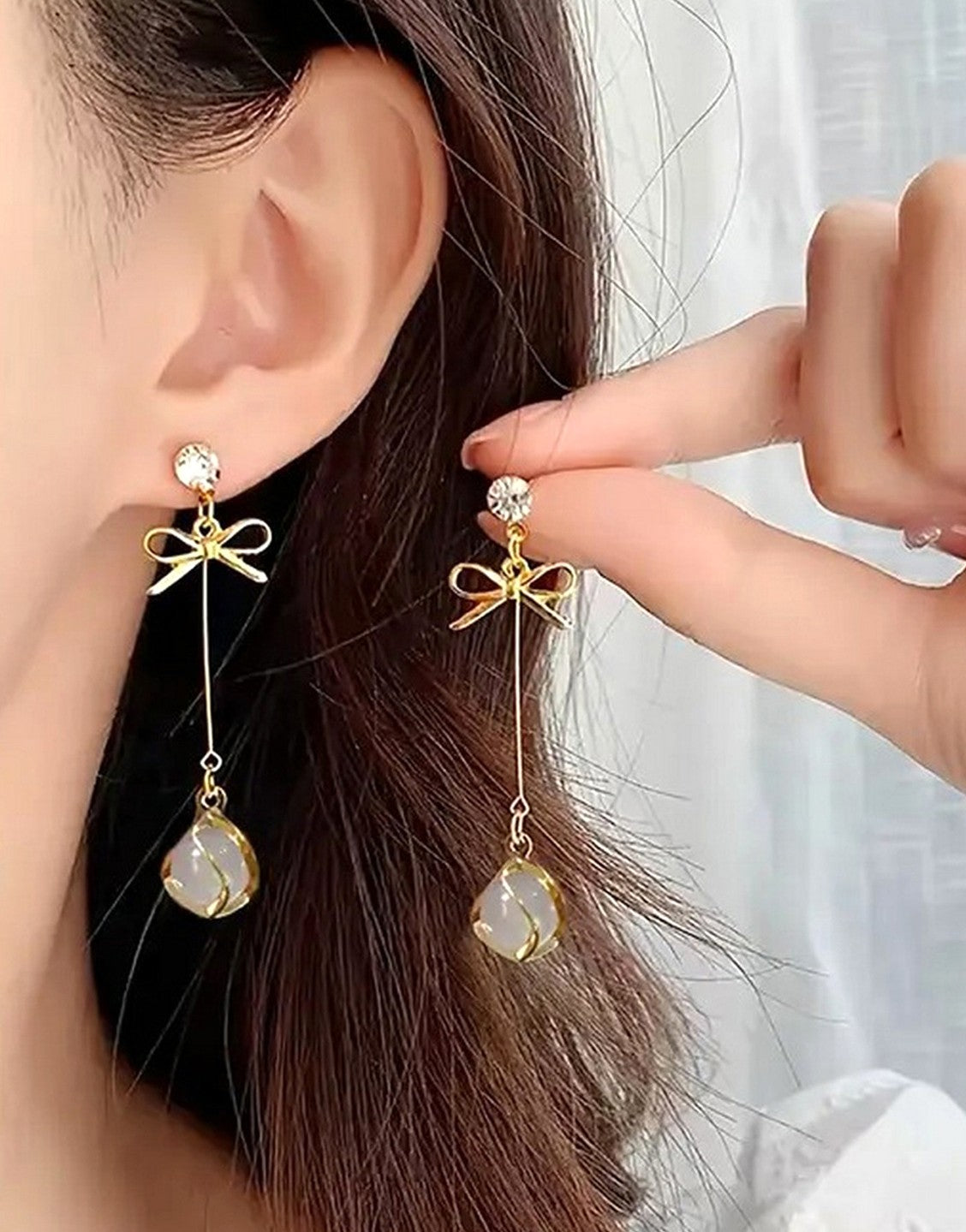 Elegant Glass Accents Bowknot Shape Drop Earrings for Girls